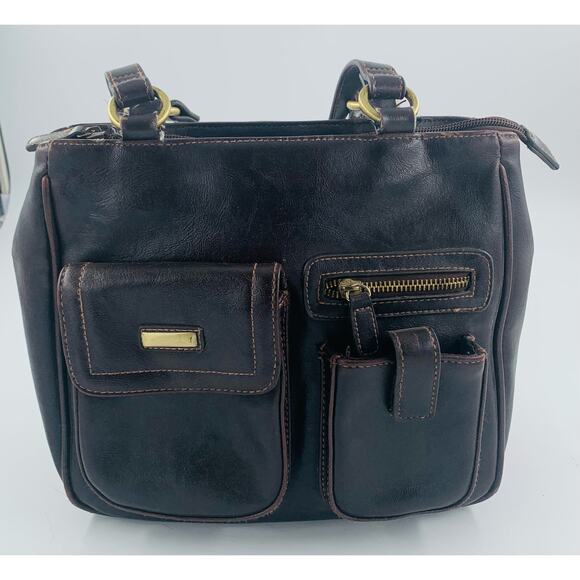 Vintage PVC Purse Brown Strap Pockets Zipper Snap Phone Pocket 10"x 9" Bag Retro - Picture 16 of 16